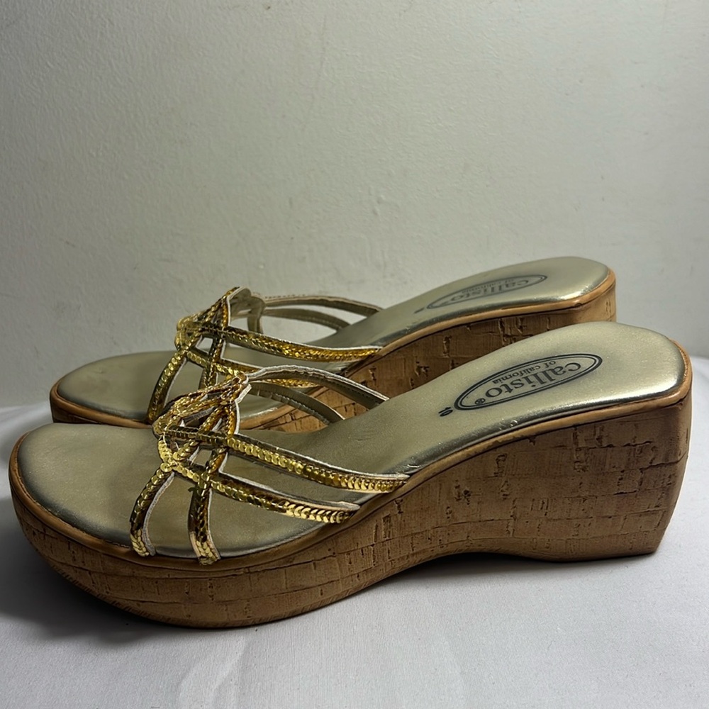 Woman Pre-Owned Callisto of California Gold Slip on Wedge Sandals Eur 40 US 9.5